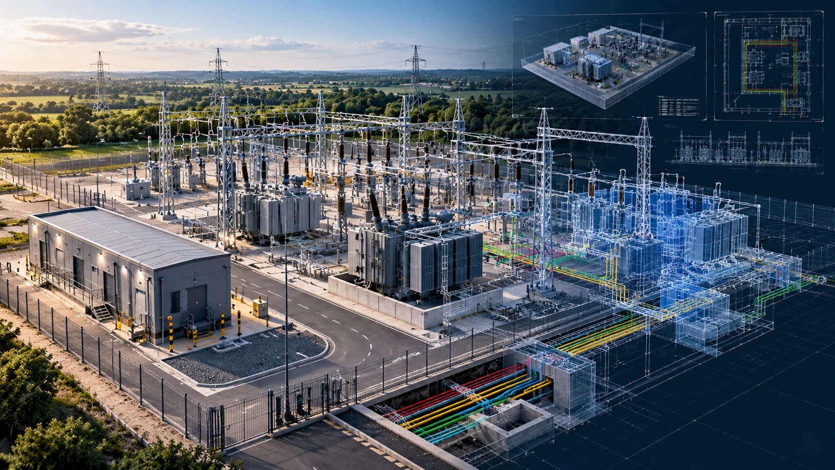 Electrical substation showing physical infrastructure, 3D coordination and digital model overlays
