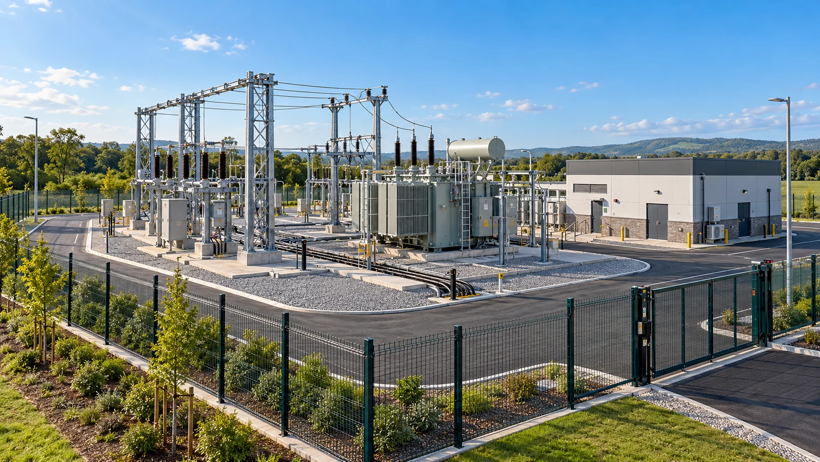 Electrical substation with transformers, access roads and outdoor switchgear